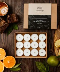 Lime, Basil & Mandarin tea lights pack of 12 made with rapeseed and coconut wax with fresh citrus fragrance