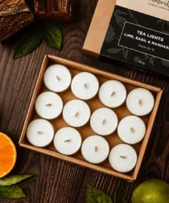 Lime, Basil & Mandarin tea lights pack of 12 made with rapeseed and coconut wax with fresh citrus fragrance
