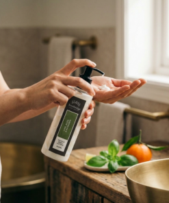 Lime, Basil & Mandarin 250ml hand and body lotion pump bottle styled in a bright bathroom with fresh lime, mandarin and green basil