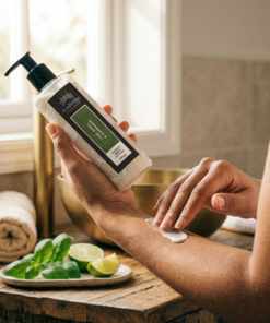 Lime, Basil & Mandarin 250ml hand and body lotion pump bottle styled in a bright bathroom with fresh lime, mandarin and green basil