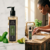250ml Liquid Hand Wash in zesty Lime, Basil & Mandarin and a lifestyle image showing a light foam whilst washing hands