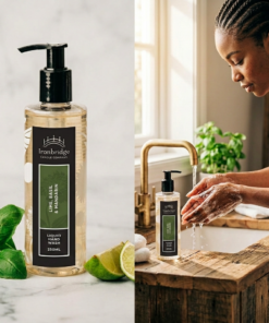 250ml Liquid Hand Wash in zesty Lime, Basil & Mandarin and a lifestyle image showing a light foam whilst washing hands