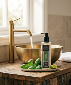 Lime, Basil & Mandarin 250ml liquid hand wash pump bottle styled in a bright bathroom with fresh lime and basil while hands are being washed