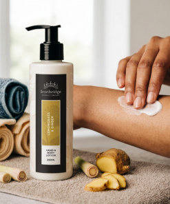 Lemongrass & Ginger hand and body lotion being massaged into the skin, with a fresh citrus fragrance and warming ginger notes for an uplifting daily body-care routine