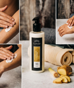 Lemongrass & Ginger hand and body lotion being massaged into the skin, with a fresh citrus fragrance and warming ginger notes for an uplifting daily body-care routine