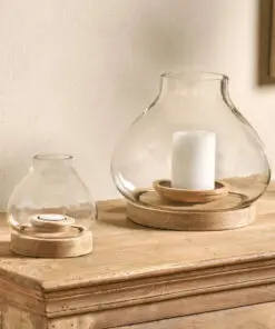 Naryla lantern with a recycled glass bulb shape that sits perfectly in a solid mango wood base