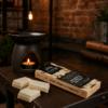 Dark Honey & Tobacco wax melt snap bar with warm smoky honey and tobacco fragrance, litstyle inmage showing wax melts with burner, handmade by Ironbridge Candle Company