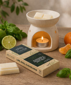 Lime, Basil & Mandarin wax melt warming in burner with fresh citrus fragrance