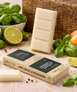 Lime, Basil & Mandarin wax melts styled for fresh uplifting home fragrance