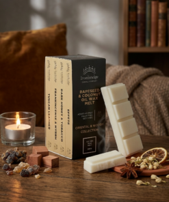 Oriental & Woody wax melt collection box styled in a luxurious lifestyle setting with four rich, warm and woody fragrances