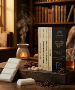 Oriental & Woody wax melt collection box styled in a luxurious lifestyle setting with four rich, warm and woody fragrances