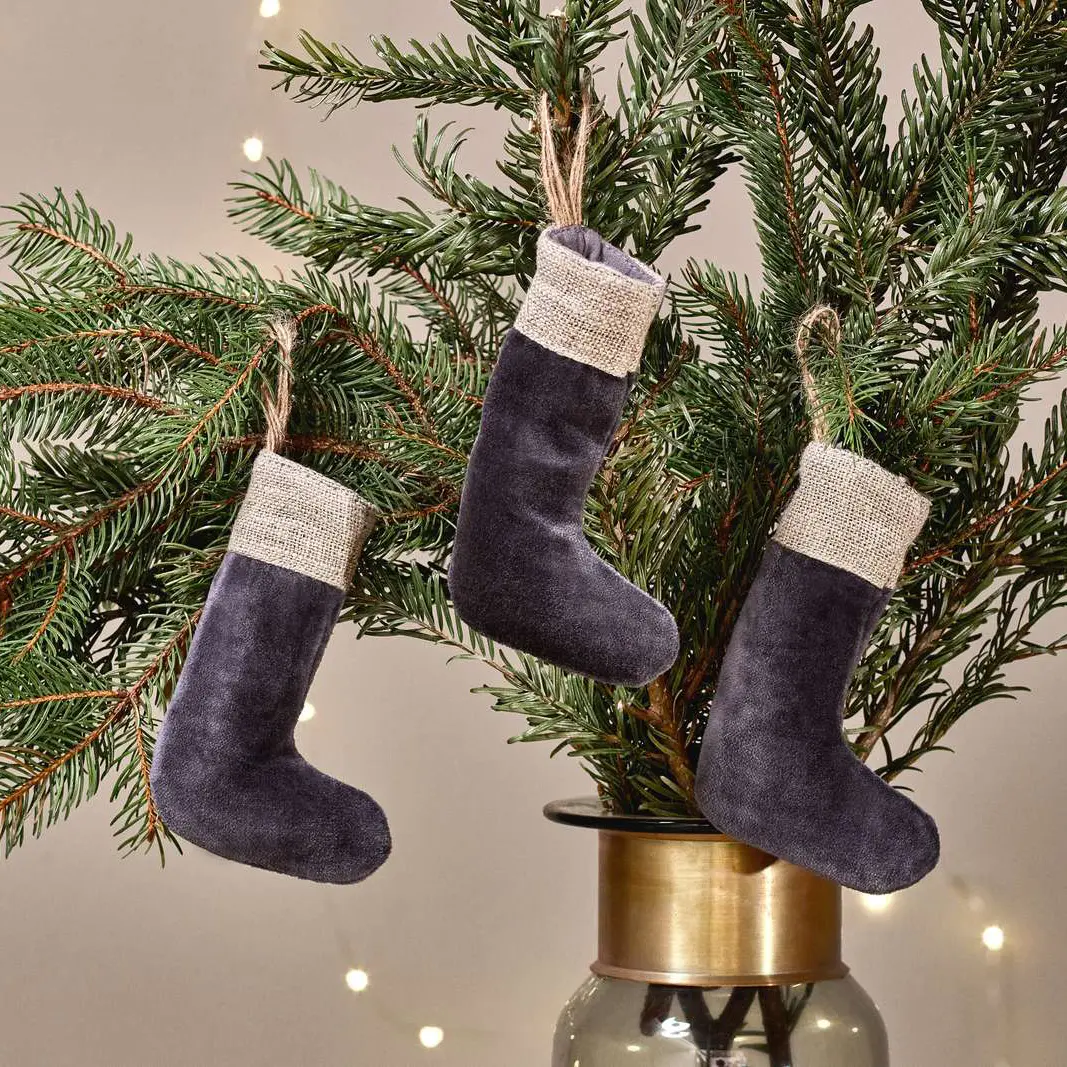 Karru Cotton Velvet Mini Stocking - Charcoal - Set Of 3
