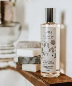 250ml Dark Honey & Tobacco foaming body wash with Aloe Vera and natural cleansing ingredients styled for luxury bath and shower