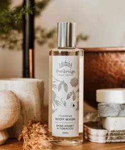 250ml Dark Honey & Tobacco foaming body wash with Aloe Vera and natural cleansing ingredients styled for luxury bath and shower