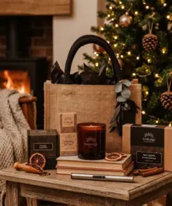 Winter Radiance Gift Set with Natural Jute Bag, containing a candle, wax melt snap bar, scented tea lights and a candle lighter