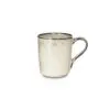 Close-up of the Malia Mug - Cream by Nkuku, showing the cream stoneware surface, textured handle, subtle glaze variation and fine hand-painted line detail.