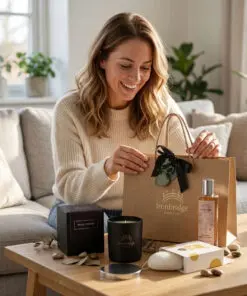 Candle & Skin Care Gift Set – Everyday Treat of a lady opening the Black Orchid Fragranced products