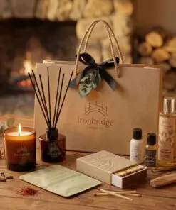 Candle & Skin Care Discovery Gift Set - with Amber Woods Candle, Frankincense Reed Diffuser, matching Dark Honey lotion, hand wash & body wash