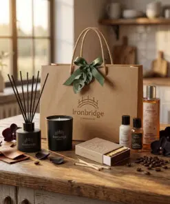 Candle & Skin Care Discovery Gift Set - with tuscan leather Candle, Effete Reed Diffuser, matching black orchid lotion, hand wash & body wash, presented in a rigid branded gift boxbag