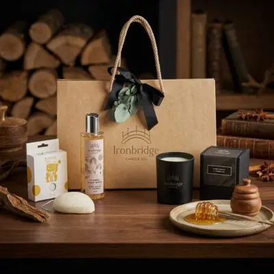 Dark Honey & Tobacco Candle & Skin Care Gift Set – Everyday Treat styled in a warm luxury setting with rich amber and wood tones.