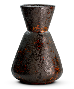 Brija Vase in Brown by Nkuku, an earthenware vase with a dark brown reactive glaze and softly textured surface.