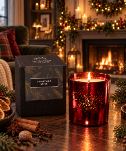 Christmas Spice Luxury Candle in ruby electroplated glass lit beside its branded box in a warm Christmas fireplace setting.