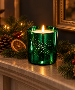 Christmas Spice Luxury Candle in emerald electroplated glass lit on a fireplace mantel with subtle Christmas greenery and warm seasonal decoration.