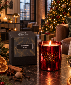 Christmas Spice Luxury Candle in ruby electroplated glass lit beside its branded box in a festive Christmas room.