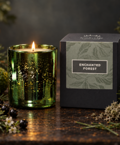 Enchanted Forest Luxury Candle in emerald electroplated glass with branded box, bergamot, blackcurrant, moss, pine and wildflowers.