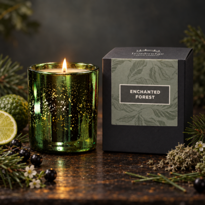 Enchanted Forest Luxury Candle in emerald electroplated glass with branded box, bergamot, blackcurrant, moss, pine and wildflowers.