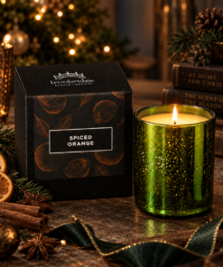 Spiced Orange Luxury Scented Candle in a stunning electroplated Emerald glass styled in a Christmas Setting