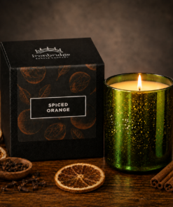Spiced Orange Luxury Scented Candle in an Electroplated Emerald Glass - lit