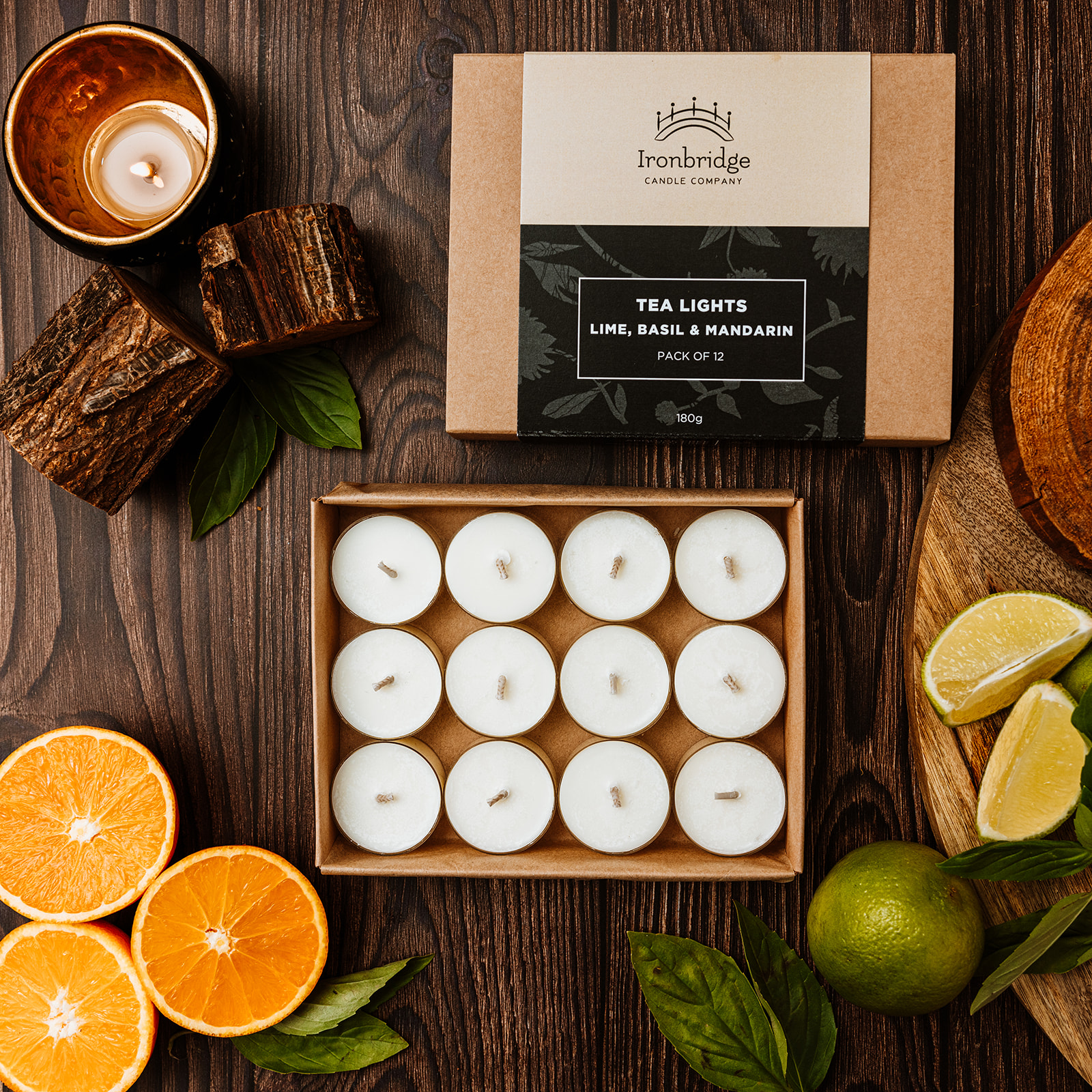 Lime, Basil & Mandarin tea lights pack of 12 made with rapeseed and coconut wax with fresh citrus fragrance