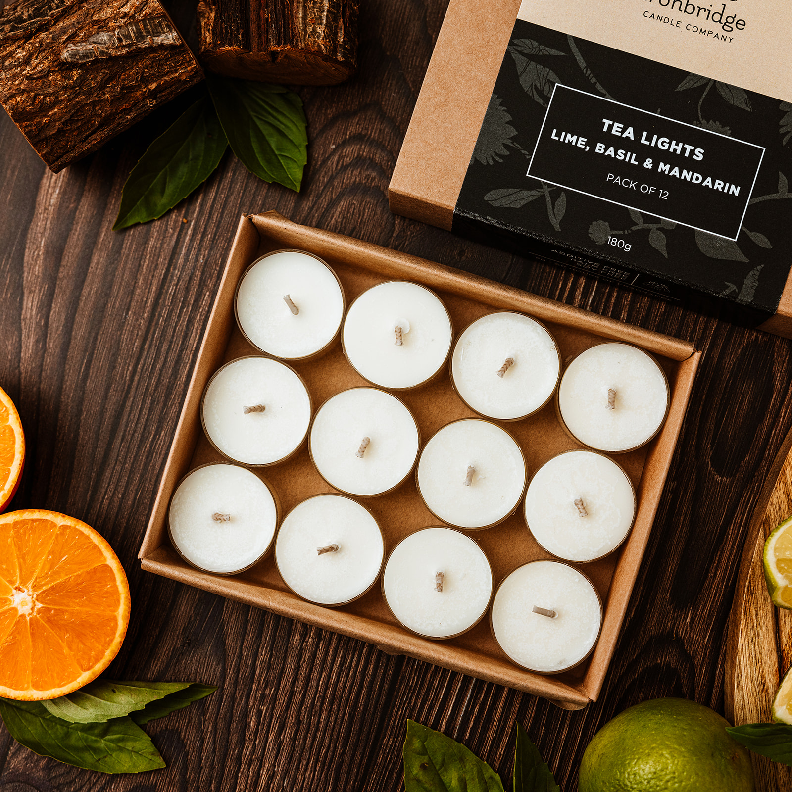 Lime, Basil & Mandarin tea lights pack of 12 made with rapeseed and coconut wax with fresh citrus fragrance