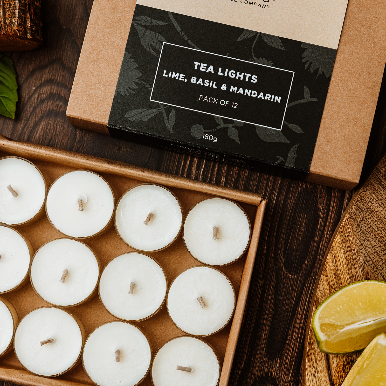 Lime, Basil & Mandarin tea lights pack of 12 with up to 5 hours burn time each