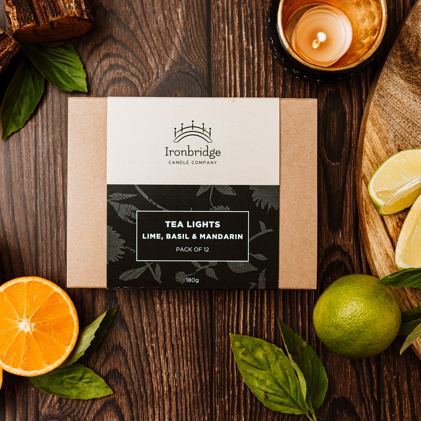 Lime, Basil & Mandarin tea lights pack of 12 with up to 5 hours burn time each