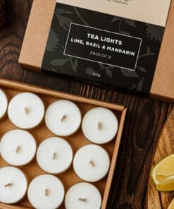 Lime, Basil & Mandarin tea lights pack of 12 with up to 5 hours burn time each