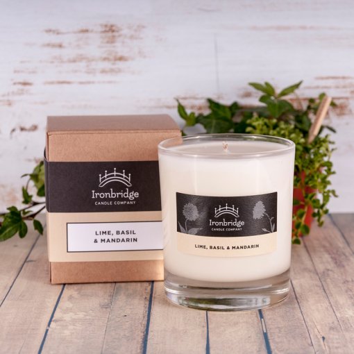 Lime, Basil & Mandarin 220g candle in clear glass with box and fresh citrus fragrance
