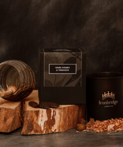 Warm smoky Dark Honey & Tobacco vegetable wax luxury candle in black etched matt glass with up to 45 hours burn time