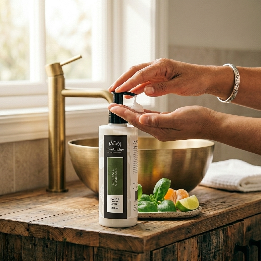 Lime, Basil & Mandarin 250ml hand and body lotion pump bottle styled in a bright bathroom with fresh lime, mandarin and green basil