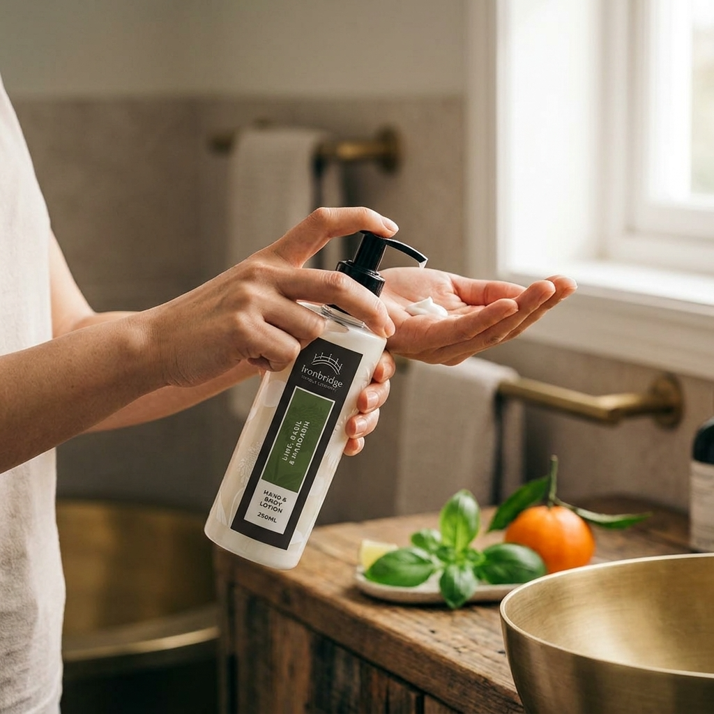 Lime, Basil & Mandarin 250ml hand and body lotion pump bottle styled in a bright bathroom with fresh lime, mandarin and green basil