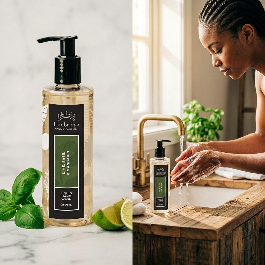 250ml Liquid Hand Wash in zesty Lime, Basil & Mandarin and a lifestyle image showing a light foam whilst washing hands