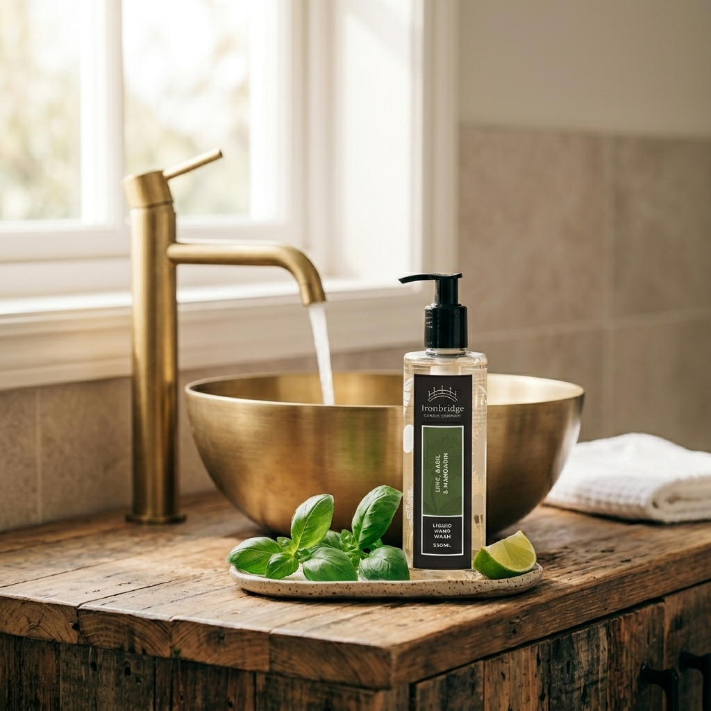Lime, Basil & Mandarin 250ml liquid hand wash pump bottle styled in a bright bathroom with fresh lime and basil while hands are being washed
