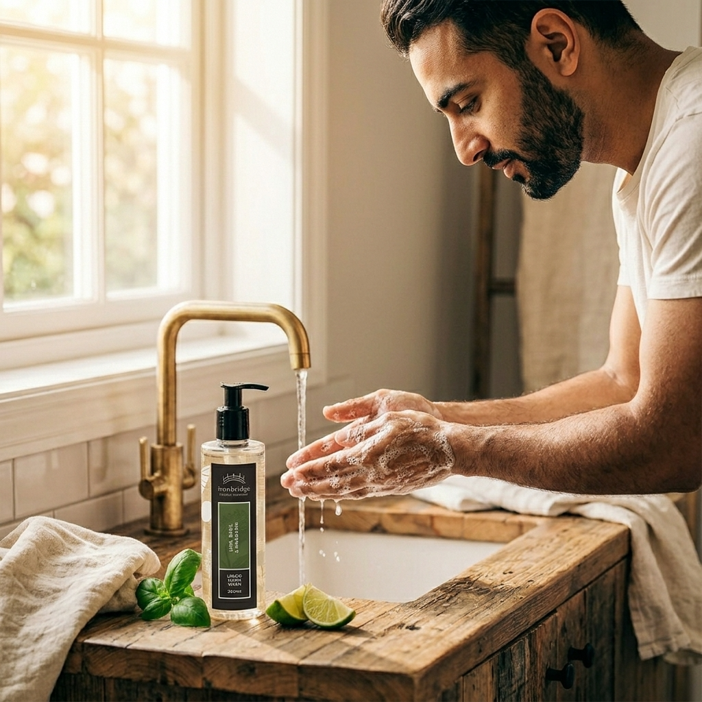 Lime, Basil & Mandarin 250ml liquid hand wash pump bottle styled in a bright kitchen with fresh lime and basil while hands are being washed