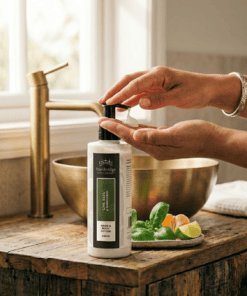 Lime, Basil & Mandarin 250ml hand and body lotion pump bottle styled in a bright bathroom with fresh lime, mandarin and green basil