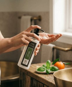 Lime, Basil & Mandarin 250ml hand and body lotion pump bottle styled in a bright bathroom with fresh lime, mandarin and green basil