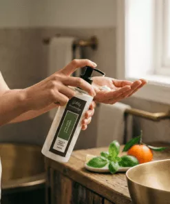 Lime, Basil & Mandarin 250ml hand and body lotion pump bottle styled in a bright bathroom with fresh lime, mandarin and green basil