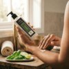 Lime, Basil & Mandarin 250ml hand and body lotion pump bottle styled in a bright bathroom with fresh lime, mandarin and green basil