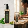 250ml Liquid Hand Wash in zesty Lime, Basil & Mandarin and a lifestyle image showing a light foam whilst washing hands