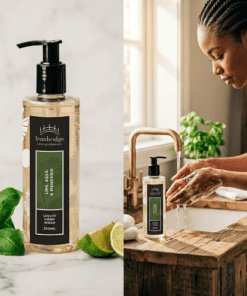 250ml Liquid Hand Wash in zesty Lime, Basil & Mandarin and a lifestyle image showing a light foam whilst washing hands